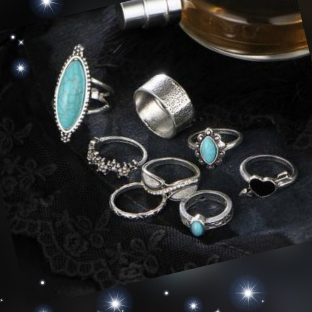 Antique Sliver Turquoise stackable ring 8pc set - Picture 3 of 4